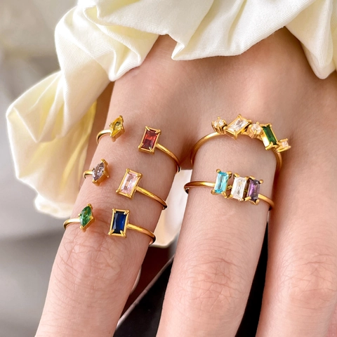 Vintage Regenboog Zirkoon Ring Titanium Staal 18K Verguld Kleurrijk Multi Steen Stapelbaar Geometrische Sieraden Voor Vrouwen