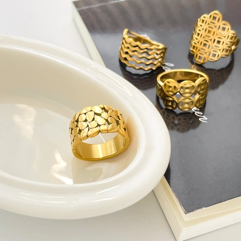 Edelstahl Vergoldeter Ring Hohl Kupfermünze Welle Blatt Textur Reichtum Glück Eleganter Schmuck Für Frauen