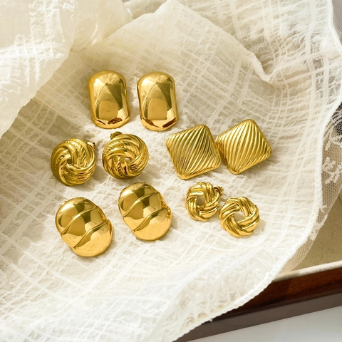 Geometric Stud Earrings Titanium Steel 18K Gold Plated Textured Braided Minimalist Vintage Fashion Jewelry For Women