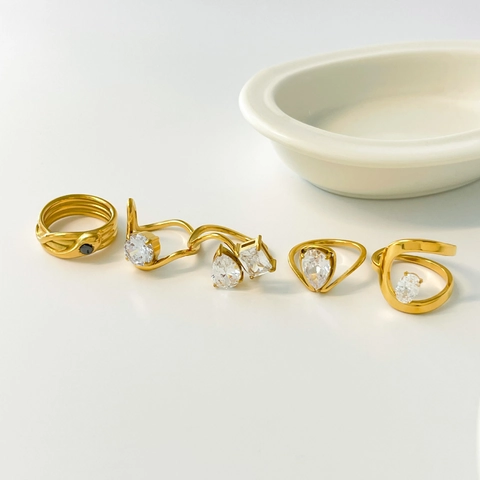 Titanium Stalen Ring 18K Verguld Zirkoon Ingelegd Druppel Geometrisch Slangenog Minimalisme Sieraden Voor Vrouwen