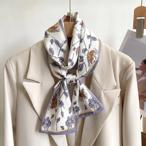 Floral Print Long Skinny Scarf Faux Satin Elegant Neck Tie French Style Hair Band Smooth Accessory For Women