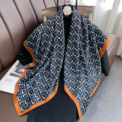 Large Square Scarf Satin Polyester Geometric Print Contrast Border Elegant Satin Like Shawl Fashion For Women