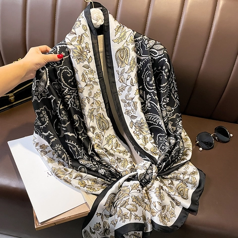Bufanda Grande De Satén Artificial Chal Largo Estampado Floral Paisley Vintage Protección Solar Playa Para Mujer