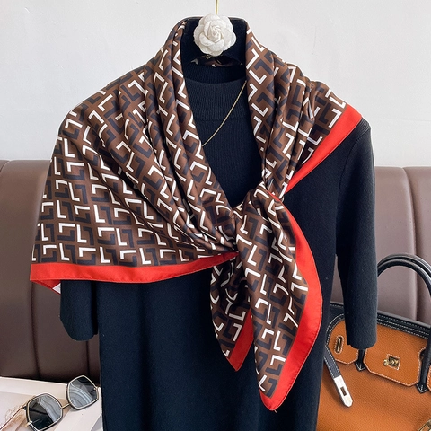 Large Square Scarf Satin Polyester Geometric Print Contrast Border Elegant Satin Like Shawl Fashion For Women