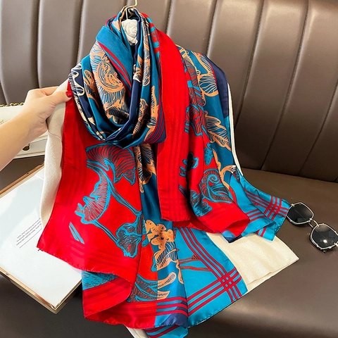 Large Scarf Shawl Faux Satin Polyester Floral Print Sunscreen Lightweight Beach Wrap Ethnic Retro Style For Women