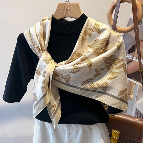 Large Square Scarf Satin Satin Twill Geometric Letter Print Fashion Neck Wrap For Women
