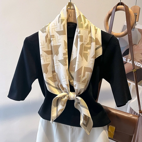 Large Square Scarf Satin Satin Twill Geometric Letter Print Fashion Neck Wrap For Women