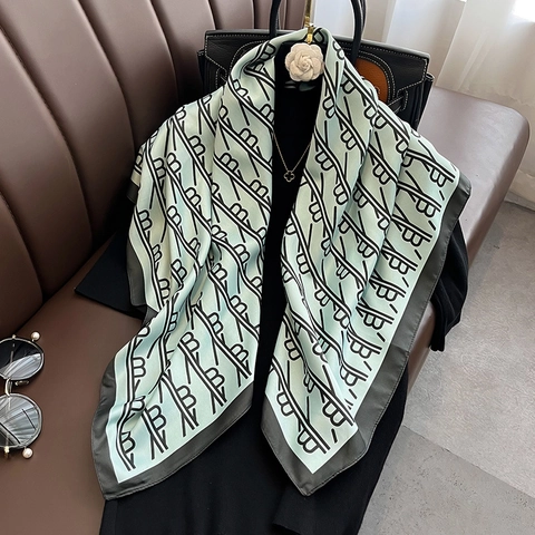 Women Satin Square Scarf Neckerchief Elegant Monogram Print Decorative Shawl Soft Sun Protection Head Wrap Accessory