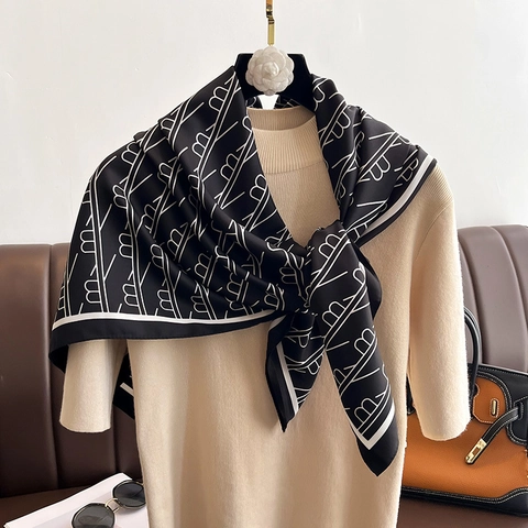 Women Satin Square Scarf Neckerchief Elegant Monogram Print Decorative Shawl Soft Sun Protection Head Wrap Accessory