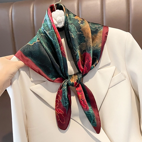 Vierkante Sjaal Pioenroos Bloemenprint Satijn-Imitatie Polyester Elegante Halssjaal Sjaal Retro Modeaccessoire Voor Dames