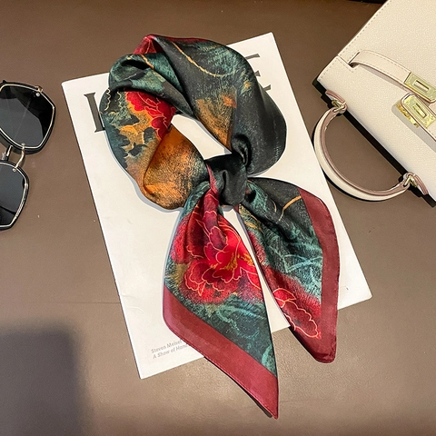 Vierkante Sjaal Pioenroos Bloemenprint Satijn-Imitatie Polyester Elegante Halssjaal Sjaal Retro Modeaccessoire Voor Dames