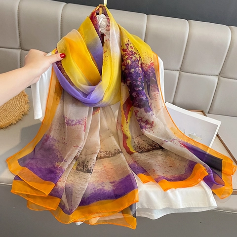 Sciarpa Scialle In Chiffon Oversize Protezione Solare Spiaggia Viaggio Stampa Floreale Sfumata Morbida Leggera Moda Donne