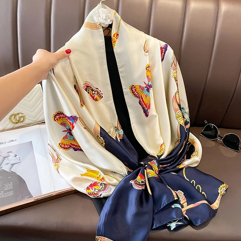 Butterfly Print Imitation Satin Scarf Long Luxury Satin Shawl Color Block Chain Pattern Women Summer Sun Protection Wrap