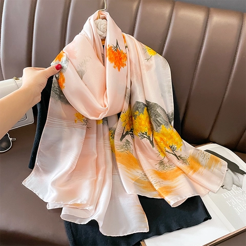 Elegante Sciarpa Da Donna In Simil Raso Grande Scialle Protezione Solare Stampa Paesaggio Albero Avvolge Moda Leggeri