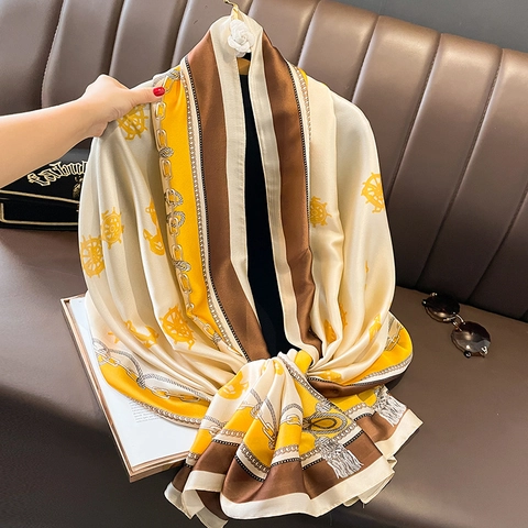 Sciarpa Elegante In Finta Raso Stampa Nautica Design Ancora Catena Vacanze Spiaggia Scialle Protezione Solare Donna