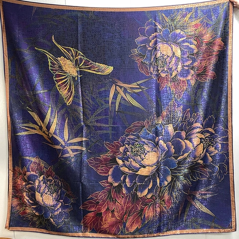 Large Square Fashion Scarf Vintage Floral Peony Print Elegant Satin Finish Polyester Shawl For Women Sun Protection