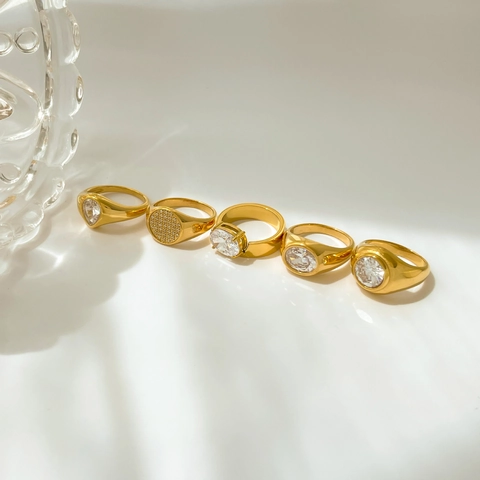 Vintage Vergulde Titanium Stalen Ringen Zirkonia Ovaal Rond Hartvormig Minimalistische Elegante Sieraden Voor Dames
