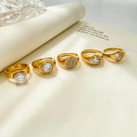 Vintage Vergulde Titanium Stalen Ringen Zirkonia Ovaal Rond Hartvormig Minimalistische Elegante Sieraden Voor Dames