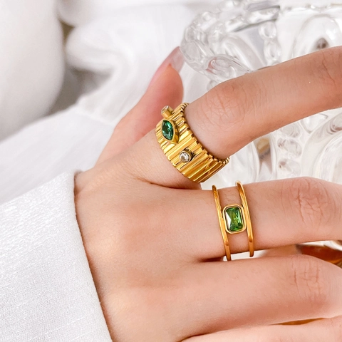 Anello Fascia Larga Donna Acciaio Titanio Placcato Oro 18K Zircone Verde Motivo Occhio Trama Ingranaggi Gioielli