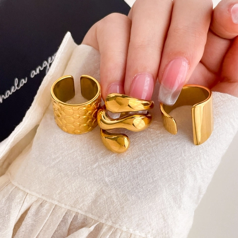 Anillos Banda Ancha Minimalistas Mujer Acero Inoxidable Oro 18K Irregular Geométrico Relieve Espiral Ajustable