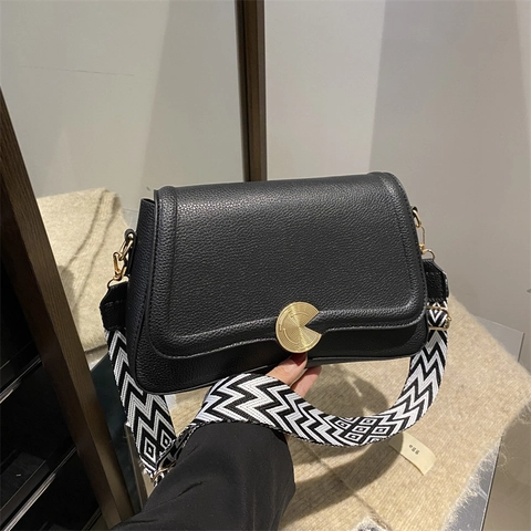 Women Crossbody Bag Litchi Pattern PU Leather Small Square Handbag Wide Woven Geometric Strap Golden Metal Buckle Chic