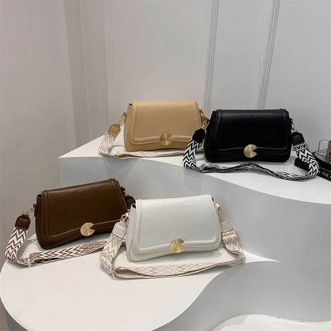 Women Crossbody Bag Litchi Pattern PU Leather Small Square Handbag Wide Woven Geometric Strap Golden Metal Buckle Chic