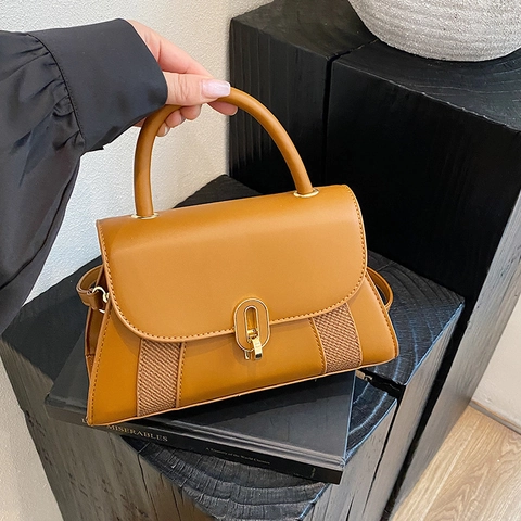 Women PU Leather Crossbody Bag Minimalist Small Square Handbag With Woven Texture Splicing And Metal Lock For Daily Wear