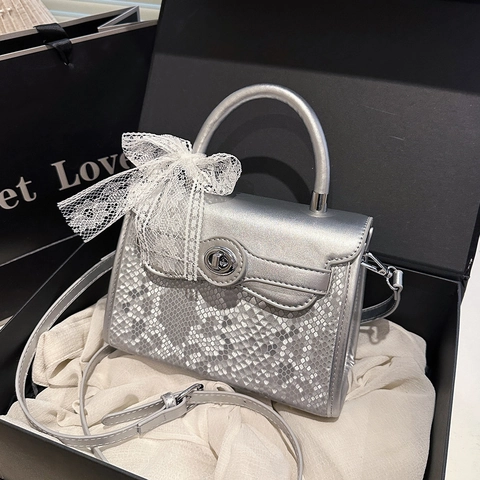 Women Crossbody Bag PU Leather Snake Pattern Top Handle Lace Bow Decoration Metal Turn Lock Square Handbag Elegant Style