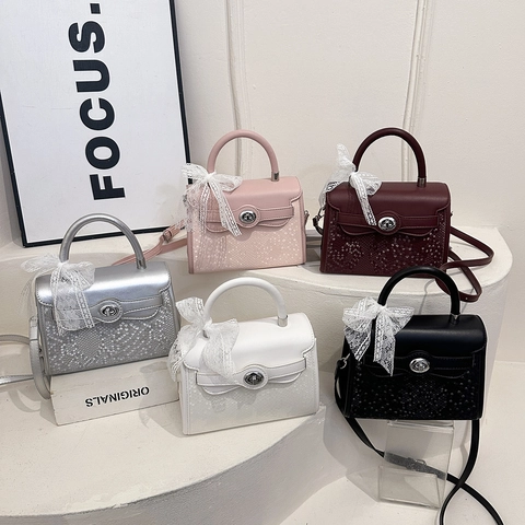 Women Crossbody Bag PU Leather Snake Pattern Top Handle Lace Bow Decoration Metal Turn Lock Square Handbag Elegant Style