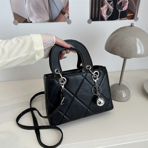 Women Diamond Quilted Handbag PU Leather Crossbody Bag Silver Ball Charm Top Handle Fashion Elegant Square Purse