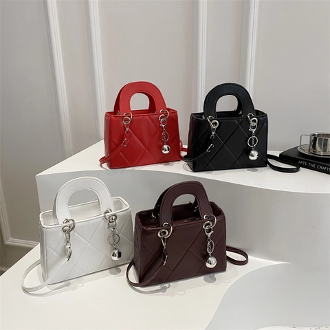 Women Diamond Quilted Handbag PU Leather Crossbody Bag Silver Ball Charm Top Handle Fashion Elegant Square Purse