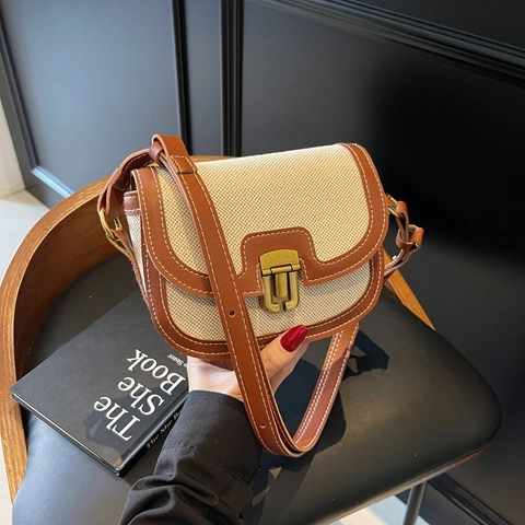 Dames Zadel Schoudertas Canvas En PU Leer Patchwork Contrast Stiksel Retro Niche Minimalistische Schoudertas