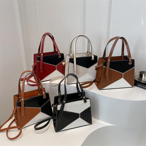 Bolso de Hombro de Cuero PU Retro Patchwork Geométrico Bolso Bandolera Cuadrado Horizontal Color Contraste Mujer Trendy Tote