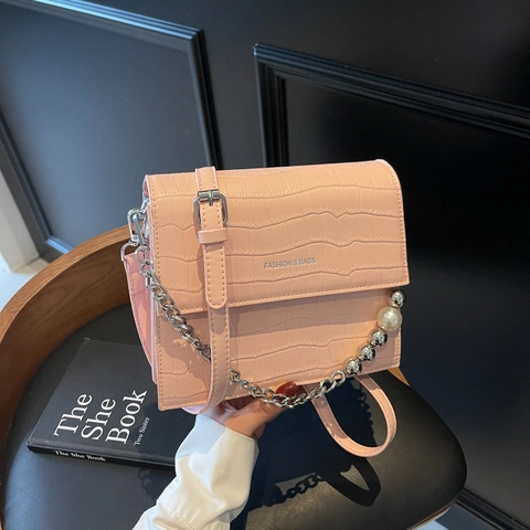 Women Crossbody Bag Crocodile Pattern PU Leather Flap Small Square Shoulder Bag With Artificial Pearl Chain Chic Elegant Handbag