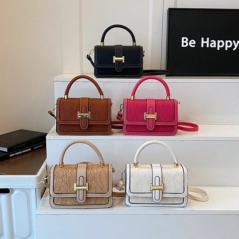 Women Crossbody Bag PU Leather Lace Embossed Elegant Small Square Handbag Metal Buckle Adjustable Shoulder Strap Fashion
