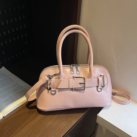 Bolso de Mano Concha de Cuero PU para Mujer Diseño de Nicho Retro Con Hebilla de Cinturón Plateada Color Sólido