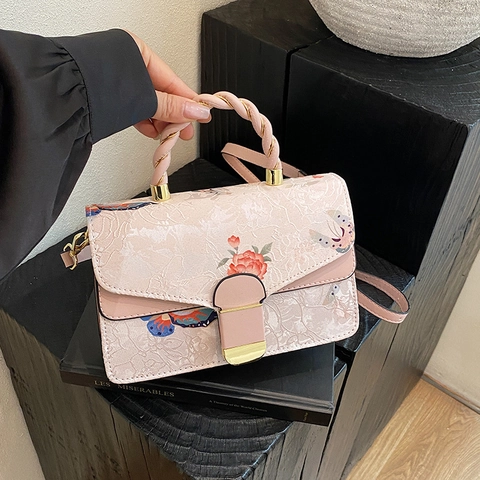 Women Fashion PU Leather Crossbody Bag With Floral Butterfly Print Elegant Handbag Woven Handle Metal Lock Daily Shoulder Bag