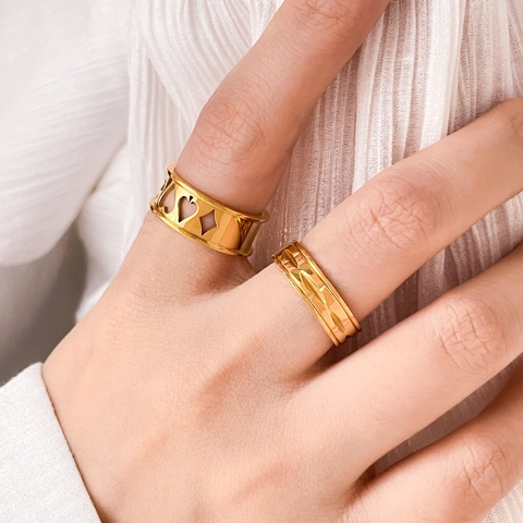 Hollow Geometric Rings For Women 18K Gold Plated Titanium Steel Trendy Chain Pattern Minimalist Engraved Jewelry