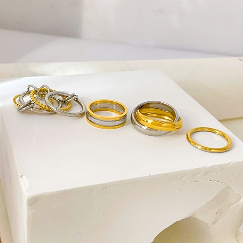 Anelli Impilabili Minimalisti Acciaio Inossidabile Oro Argento Bicolore Incrociati Strati Fascia Geometrica Lucida Donne