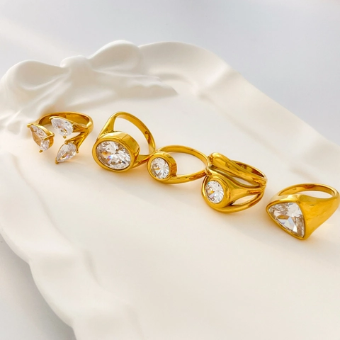 Geometrischer Zirkon Ring Titanstahl 18K Vergoldet Minimalistischer Pendler Schmuck Für Frauen