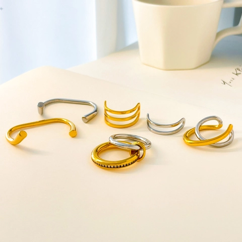 Titanium Steel Two-Tone Interlocking Double Finger Ring And Zircon Minimalist Geometric Retro Jewelry For Women