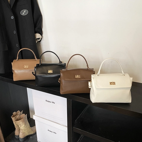 Women Retro PU Leather Crossbody Bag Gold Metal Lock Square Handbag With Top Handle Adjustable Strap Commuting Bag