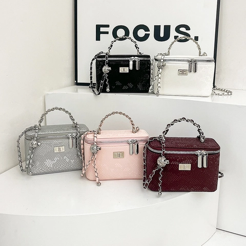 Women Snake Pattern PU Leather Vanity Case Box Bag Elegant Chain Strap Shoulder Crossbody Bag Mini Handbag Luxury Square Bag