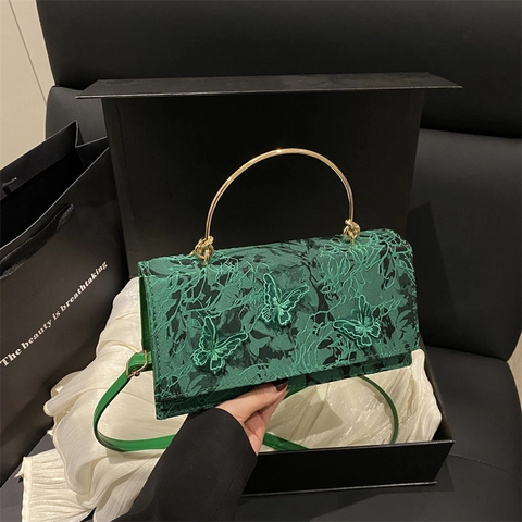Vintage Lace Butterfly Embroidery Small Square Handbag For Women Metal Handle Shoulder Crossbody Bag Elegant Evening Purse