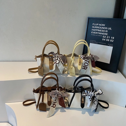 Women Lychee Pattern PU Leather Handbag With Decorative Scarf Contrast Color Bucket Crossbody Bag Fashion Tote Bag