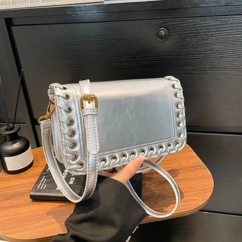 Fashion Woven Edge PU Leather Crossbody Bag Small Square Shoulder Purse With Eyelet Detail For Women