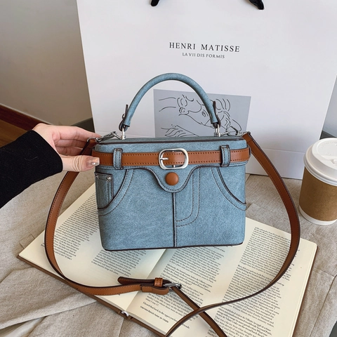 Vintage Denim Patchwork Umhängetasche Box Bag Damen PU Leder Trendy Handtasche Gürtelschnalle Dekor Taschennähten