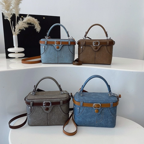 Vintage Denim Patchwork Umhängetasche Box Bag Damen PU Leder Trendy Handtasche Gürtelschnalle Dekor Taschennähten