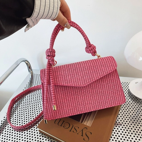 Schicke Umhängetasche Mit Webstruktur Knotengriff Umschlagklappe Und Verstellbarem Riemen Einfache Retro Handtasche Für Damen