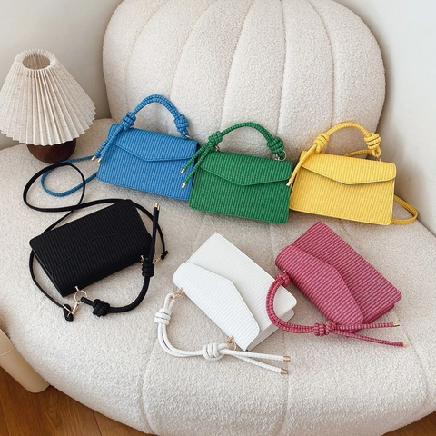 Schicke Umhängetasche Mit Webstruktur Knotengriff Umschlagklappe Und Verstellbarem Riemen Einfache Retro Handtasche Für Damen
